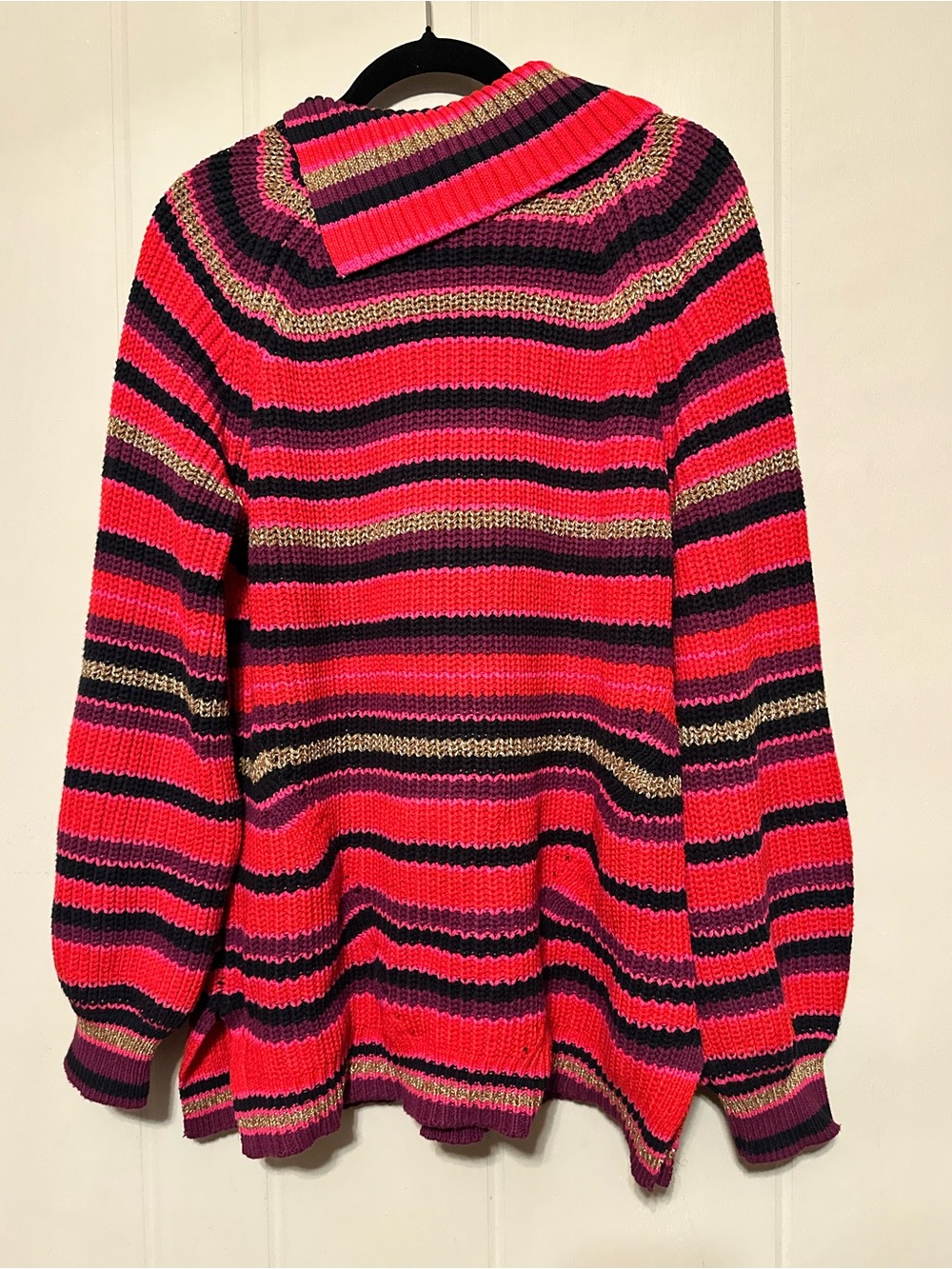 Ruby Rd. Red, black and gold metallic stripe split cowl neck oversized sweater